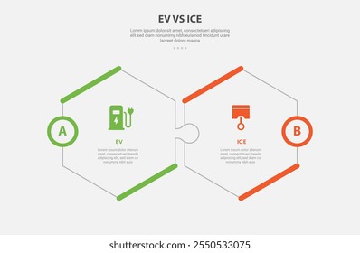 EV vs ICE estilo de contorno de infografía de tecnología con Plantilla de comparación de 2 puntos con conexión de rompecabezas de rompecabezas de forma hexagonal para Vector de presentación de diapositivas