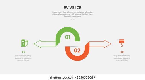 EV vs ICE technology infographic outline style with 2 point comparison template with half circle and arrow opposite direction for slide presentation vector