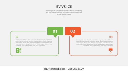 EV vs ICE technology infographische skizze stil mit 2 punkt vergleich vorlage mit runde box und callout diskussion badge für slide präsentation vektor