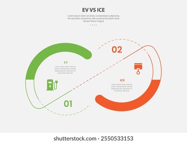 EV vs ICE technology infographic outline style with 2 point comparison template with big circle and slice connection line for slide presentation vector