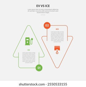 EV vs ICE technology infographic outline style with 2 point comparison template with big arrow ups and down opposite direction for slide presentation vector