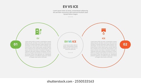 EV vs ICE estilo de contorno de infografía de tecnología con Plantilla de comparación de 2 puntos con círculo grande lado a lado para Vector de presentación de diapositivas