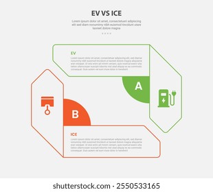 EV vs ICE technology infographic outline style with 2 point comparison template with creative rectangle arrow opposite direction for slide presentation vector