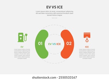 EV vs ICE Technologie infographische Kontur Stil mit 2-Punkt-Vergleich Vorlage mit großen Kreis Basis mit runden Form gegenüberliegend für Folie Präsentation Vektor