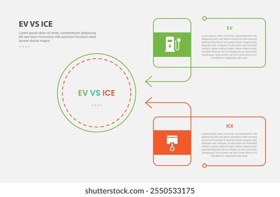 EV vs ICE estilo de contorno de infografía de tecnología con Plantilla de comparación de 2 puntos con contenedor de caja de rectángulo y círculo grande y borde de flecha para Vector de presentación de diapositivas