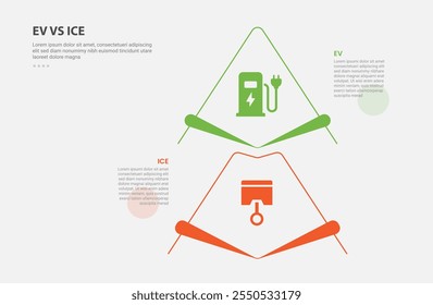 EV vs ICE technology infographic outline style with 2 point comparison template with creative arrow stacking vertical for slide presentation vector