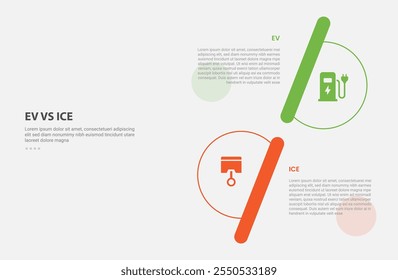 EV vs ICE estilo de contorno de infografía de tecnología con Plantilla de comparación de 2 puntos con forma de pila de Vertical de medio círculo dirección opuesta para el Vector de presentación de diapositivas