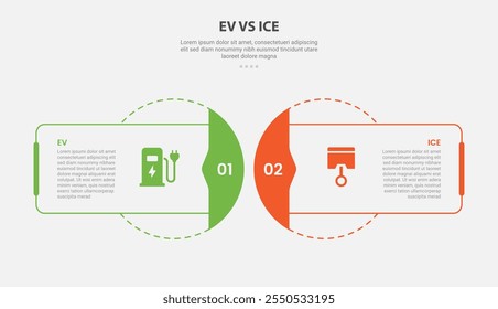 EV vs ICE technology infographic outline style with 2 point comparison template with rectangle and circle blend with dotted line for slide presentation vector