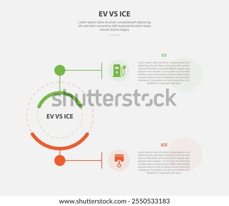 EV vs ICE technology infographic outline style with 2 point comparison template with creative circle line connection top and bottom for slide presentation vector