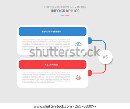 EV vs ICE vehicles machine comparison for infographic with round box container with stacked list line connection drop shadow style with two point list information vector