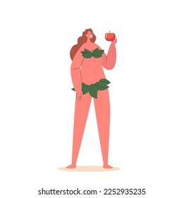 Eva with Apple Isolated on White Background. Young Female Character Holding Fruit from Forbidden Tree. Biblical Story Personage Deadly Sin. Cartoon People Vector Illustration