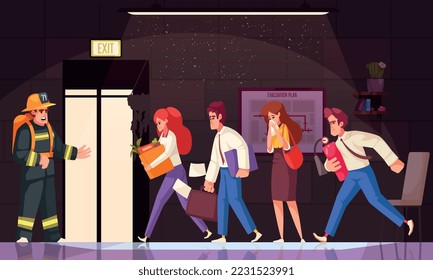 Evacation cartoon concept with office workers leaving the building vector illustration