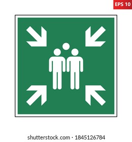 Evacuation assembly point sign. Vector illustration of green square sign with human figures and head of third figure in group icon inside. Location of safe assembly point following evacuation symbol.
