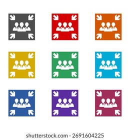 Icono de signo de símbolo de punto de ensamblaje de evacuación aislado sobre fondo blanco. Establecer iconos de colores