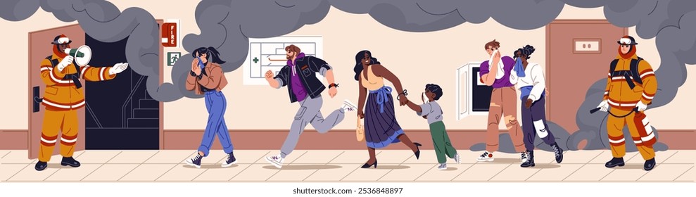 Evacuation from building with smoke, fire security alarm. Firemen with megaphone help people to leaving house in smog. Characters with kids go to exit at emergency situation. Flat vector illustration