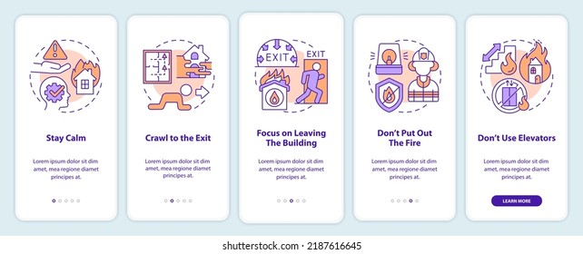 Evacuation from burning building onboarding mobile app screen. Walkthrough 5 steps editable graphic instructions with linear concepts. UI, UX, GUI template. Myriad Pro-Bold, Regular fonts used