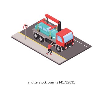 Evacuation of car for wrong parking by tow truck isometric 3d vector illustration