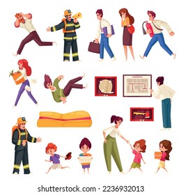 Evacuation cartoon icons set with childran and adults escaping emergency isolated vector illustration