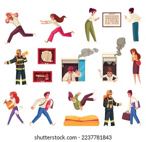 Evacuation cartoon icons set with people escaping fire alarm isolated vector illustration