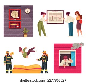 Evacuation cartoon icons set with people escaping burning house isolated vector illustration