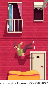 Evacuation cartoon poster with man jumping out of the window vector illustration