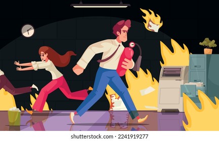 Evacuation cartoon poster with office workers escaping fire vector illustration