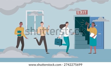 Evacuation concept. Men and women run toward fire exit to escape flames and plumes of smoke. People evacuate from burning building. Accident and emergency. Flat vector illustration