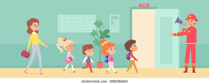 Evacuation educational game with school kids and firefighter vector illustration. Cartoon fireman character in helmet holding megaphone, teacher and small student children evacuate, leaving building