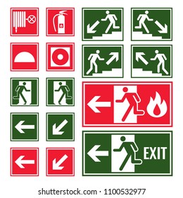 Evacuation and emergency signs in green and red colors