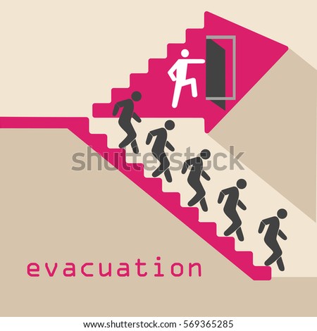 evacuation, emergency, stairs, door traveling people