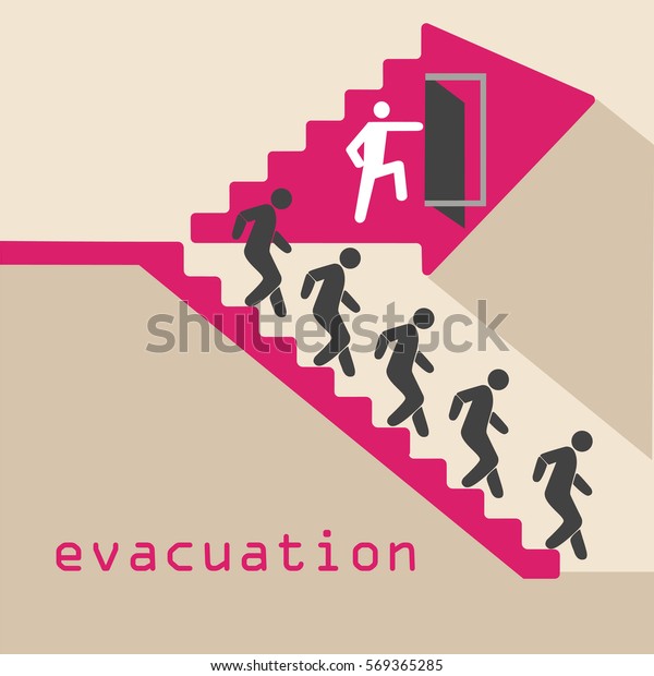 evacuation,\
emergency, stairs, door traveling\
people