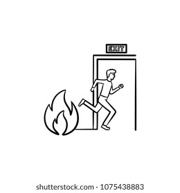 Evakuierung Ausfahrt handgezeichnet Umriss doodle Symbol. Der Mensch verbringe Feuer durch Evakuierung, Vektorgrafik-Skizze für Druck, Web, Mobil und Infografiken einzeln auf weißem Hintergrund.