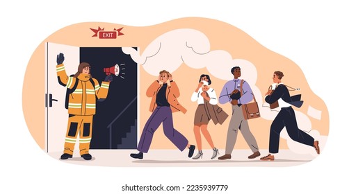 Evacuation in fire emergency. Fireman with megaphone at door exit, people leave building in smoke, evacuate after alarm, alert, danger warning. Flat vector illustration isolated on white background