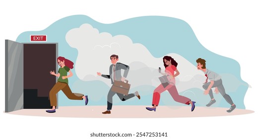 Evacuation in fire emergency, urgency situation. People running away, escaping, leaving building with smoke from exit door. Men, women evacuating. Flat vector illustration isolated on white background