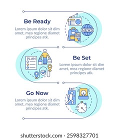 Evacuation levels infographic vertical sequence. Rescuing of people in danger. Emergency aid. Visualization infochart with 3 steps. Circles workflow