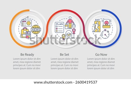 Evacuation levels infographics circles sequence. Rescuing of people in danger. Emergency aid. Visualization layout with 3 steps. Info chart loop process presentation