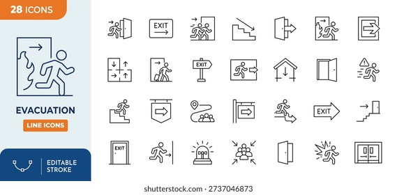 Evacuation line editable icon set, Contain icons related to evacuation, exit, direction, route, escape, and more. Editable stroke. Vector illustration