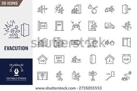 Evacuation line editable icon set, Icons related to evacuation, exit, direction, route, escape, and more. Outline icon with Editable stroke. Vector illustration