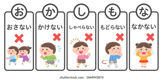 Evacuation mottoes (read the first letter of the Japanese words  as "O-KA-SHI-MO-NA") Translation: (Don't "push","run", "talk", "go back", "cry".)