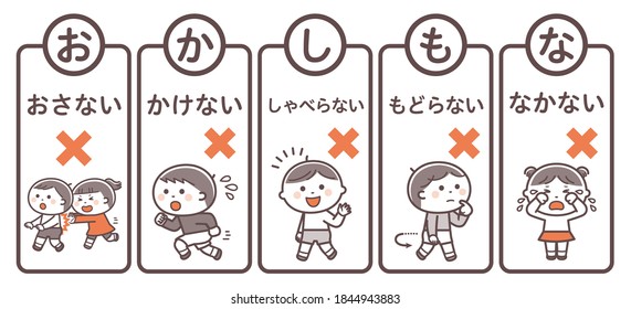 Evacuation mottoes (read the first letter of the Japanese words  as "O-KA-SHI-MO-NA") Translation: (Don't "push","run", "talk", "go back", "cry".)