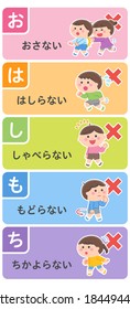 Evacuation mottoes (read the first letter of the Japanese words as "O-HA-SHI-MO-CHI") Translation: (Don't "push", "run","talk","go back","go near".)