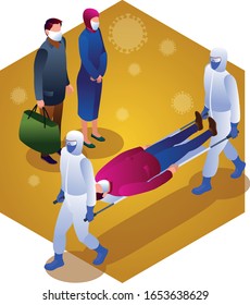 Evacuation of a patient infected with coronavirus illustration isometric icons on isolated 