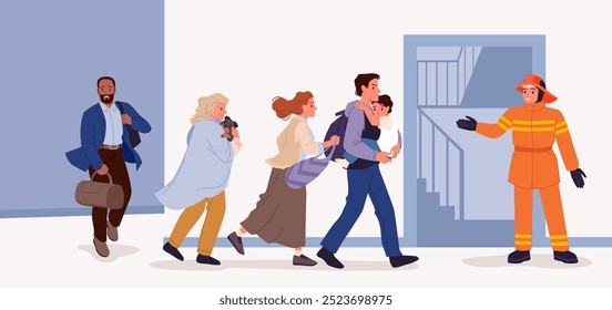 Evacuation of people from apartment building on fire by firefighter. Father running to exit door with child in hands, woman holding dog, man leaving house with bag