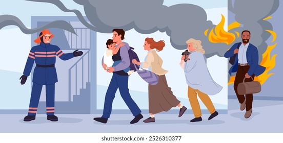 Evacuación de personas del edificio de apartamentos en llamas por los bomberos. Padre corriendo a la puerta de salida con el niño en las manos, mujer que sostiene al perro, hombre que sale de la casa con la Ilustración vectorial de dibujos animados del bolso