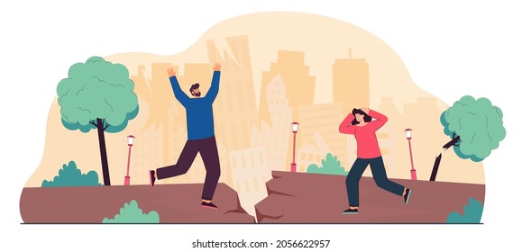 Evacuation of people from danger of earthquake in city. Man and woman running from disaster amid clefts on road, destruction of houses flat vector illustration. Natural disaster insurance concept