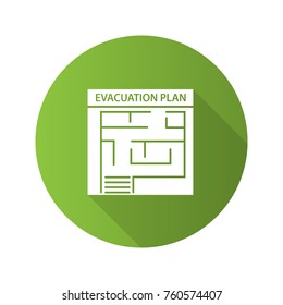 Evacuation plan flat design long shadow glyph icon. Fire escape plan. Vector silhouette illustration