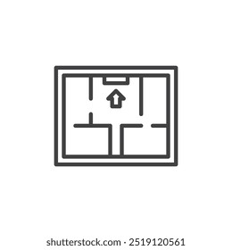 Icono de línea de Plan de evacuación. Signo de estilo lineal para concepto móvil y Diseño web. Mapa con la flecha que muestra el ícono del Vector del contorno de salida. Símbolo de evacuación segura, ilustración del logotipo. Gráficos de Vector