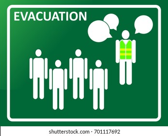 Evacuation plan meeting concept. Team leader explaining evacuation route to members. EPS10 vector illustration for poster, template, banner, sign, symbol, print, infographic, design element, icon.