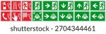 Evacuation plan sign set. Emergency exit, assembly point and fire safety labels. Safety symbols. Evacuation route and fire action icons.