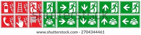 Evacuation plan sign set. Emergency exit, assembly point and fire safety labels. Safety symbols. Evacuation route and fire action icons.
